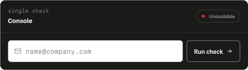 The cleanify single-check console with an email field and a Run check button
