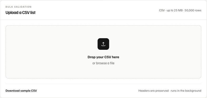 The cleanify upload card: a CSV dropzone with the 25 MB and 50,000-row limits stated next to it